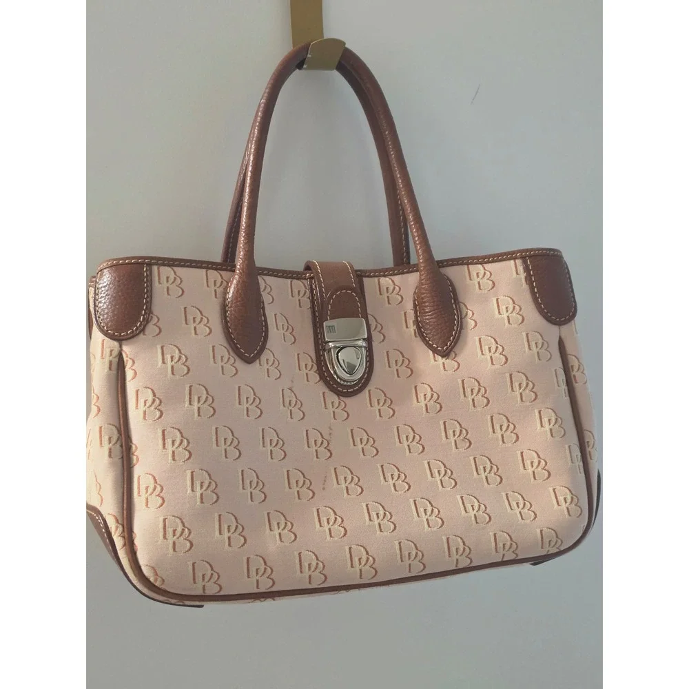 Dooney & Bourke Signature Monogram Beige Canvas Satchel Bag Brown Leather Trim